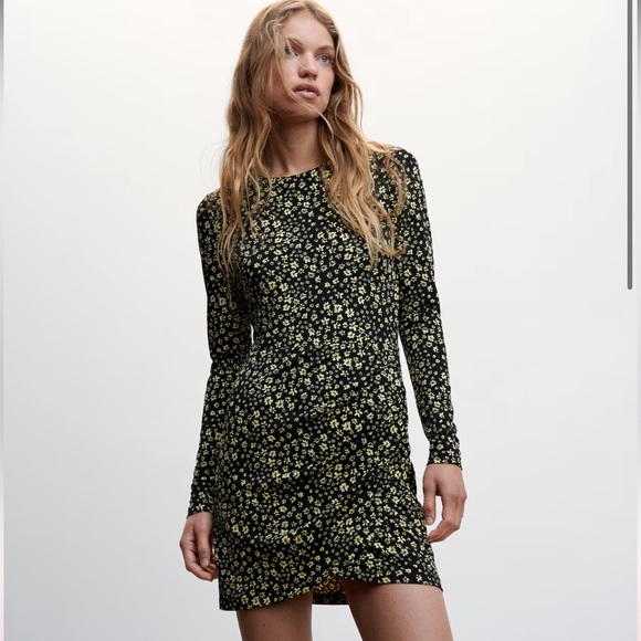 MNG Mango black and yellow flower power long sleeve dress - Picture 1 of 8